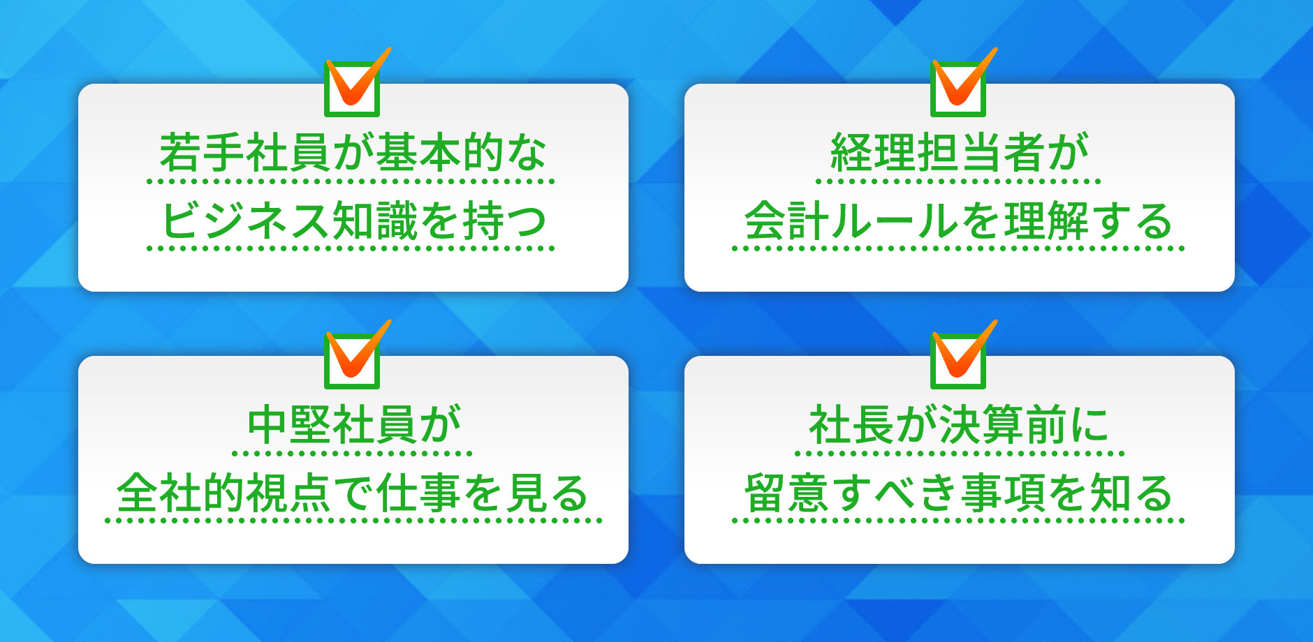 若手社員が基本的なビジネス知識を持つ　経理担当者が会計ルールを理解する　中堅社員が全社的視点で仕事を見る　社長が決算前に留意すべき事項を知る