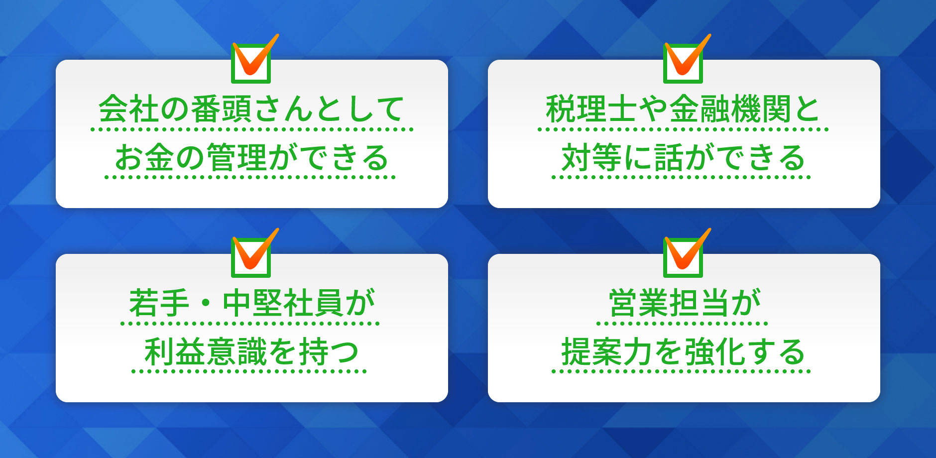 若手社員が基本的なビジネス知識を持つ　経理担当者が会計ルールを理解する　中堅社員が全社的視点で仕事を見る　社長が決算前に留意すべき事項を知る